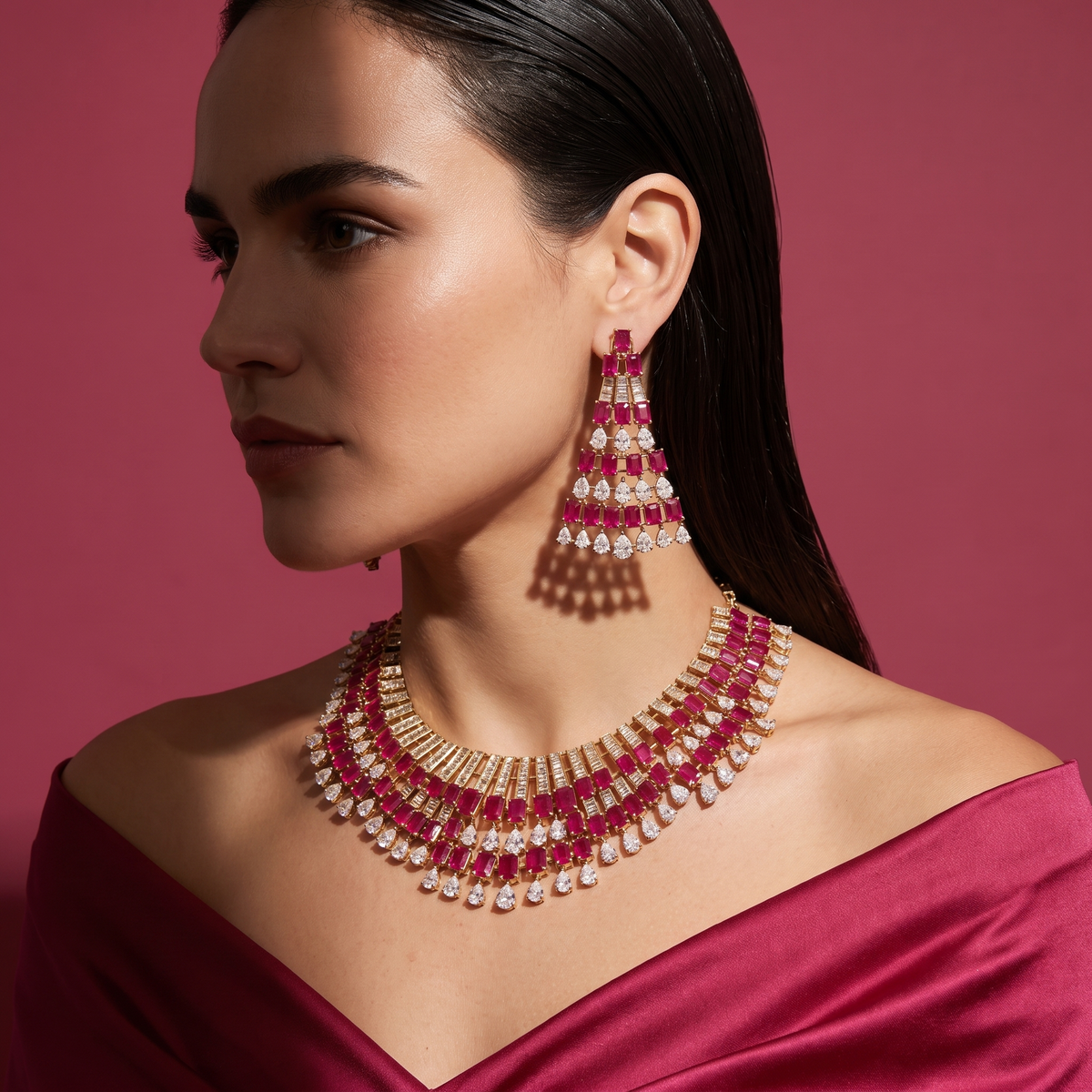 Zaina Ruby Cascade Necklace Set