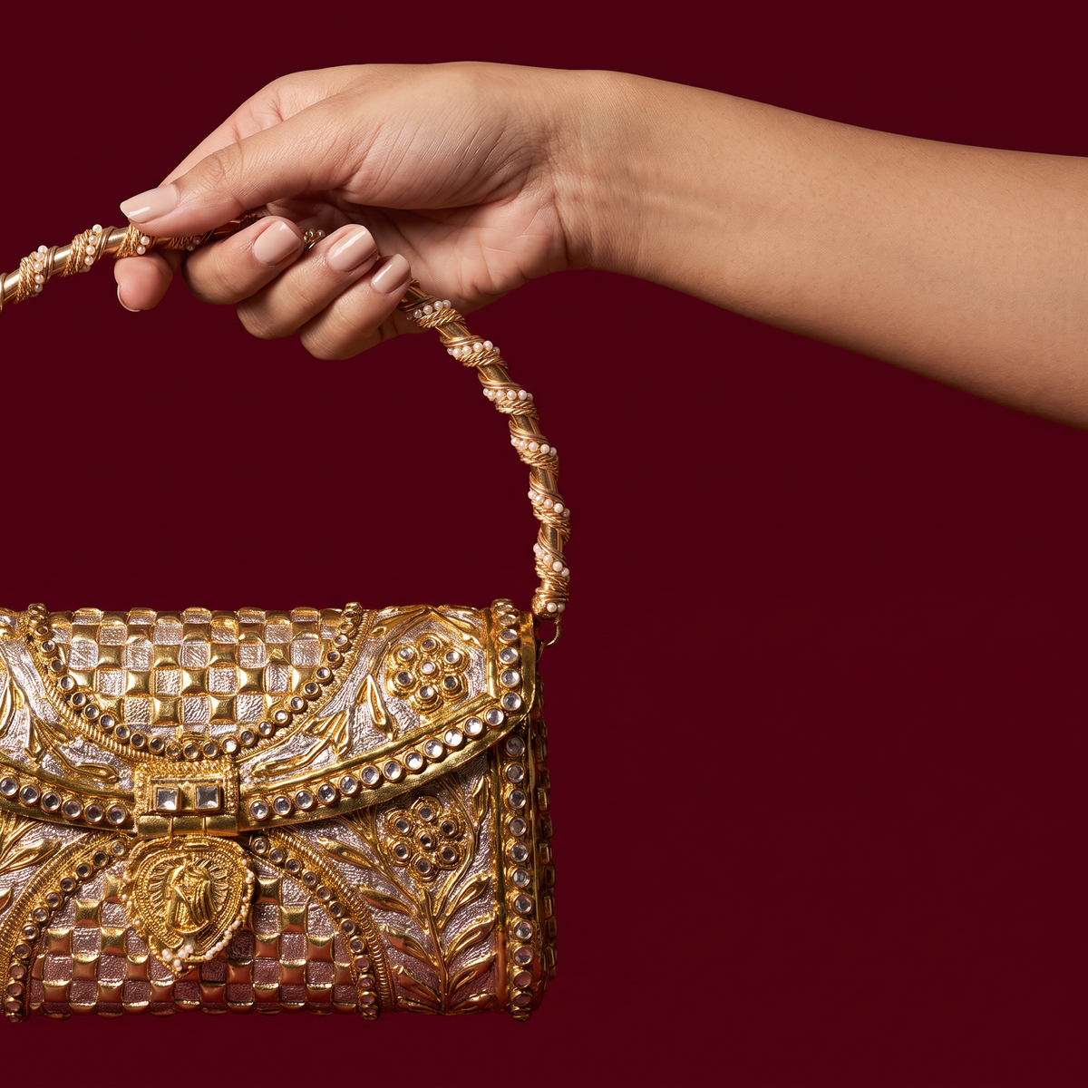 Drona Kundan Mosaic Gold and Silver Clutch