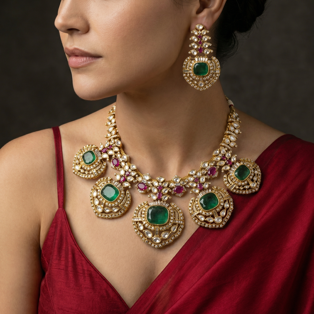 Meera Emerald Kundan Chand Necklace – artisan Indian bridal jewelry by Ozel
