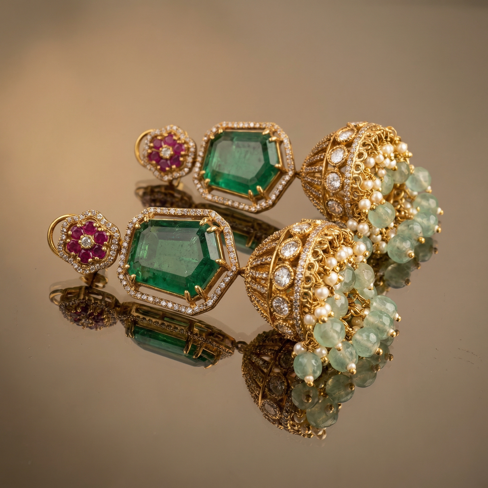 Taanya Mint Polki Jhumka Earrings – heritage Indian bridal earrings by Ozel