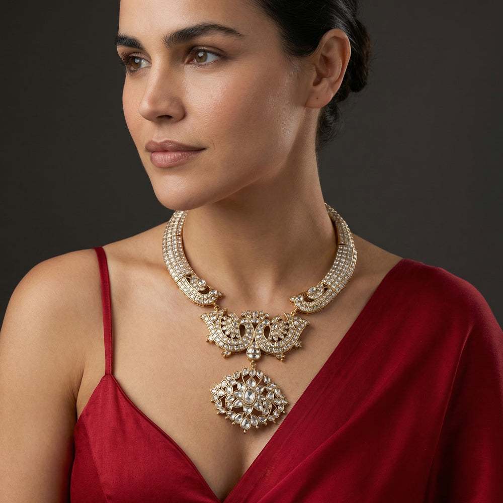 Aurevya mayur kiran peacock necklace with intricate stonework