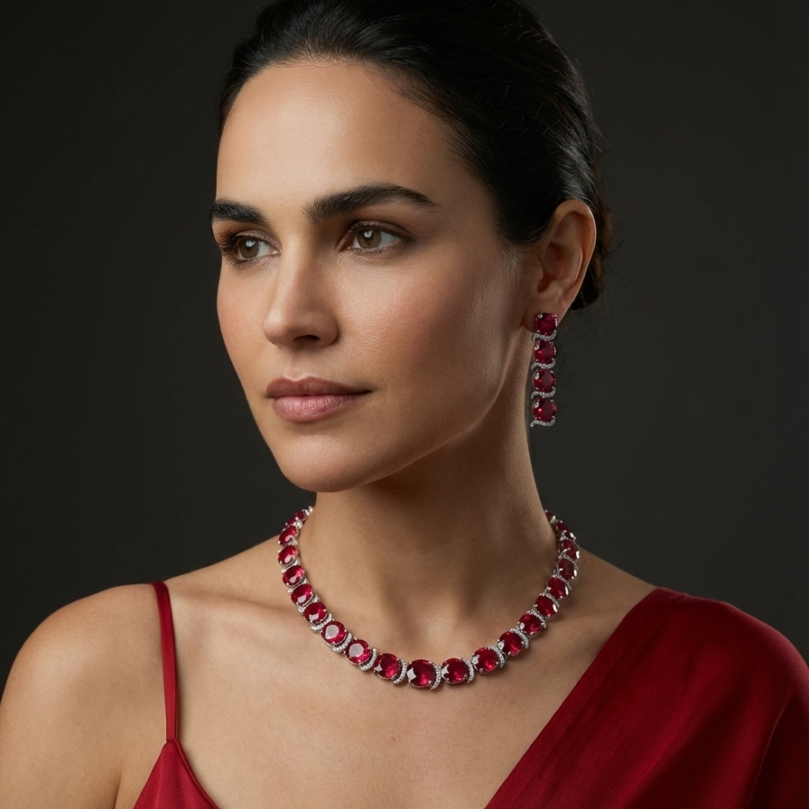 Rubelia crimson radiance necklace set with ruby-toned stones