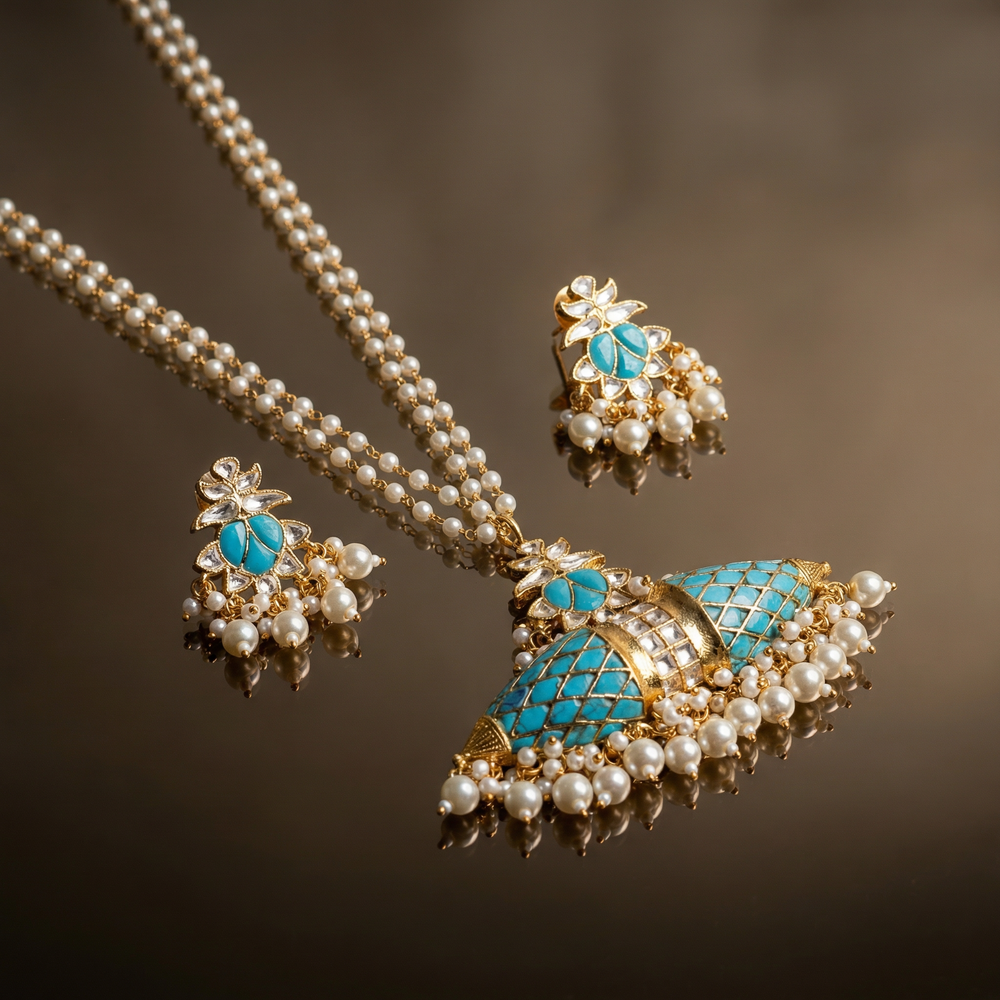 Neelaya royale kundan and turquoise pearl necklace set