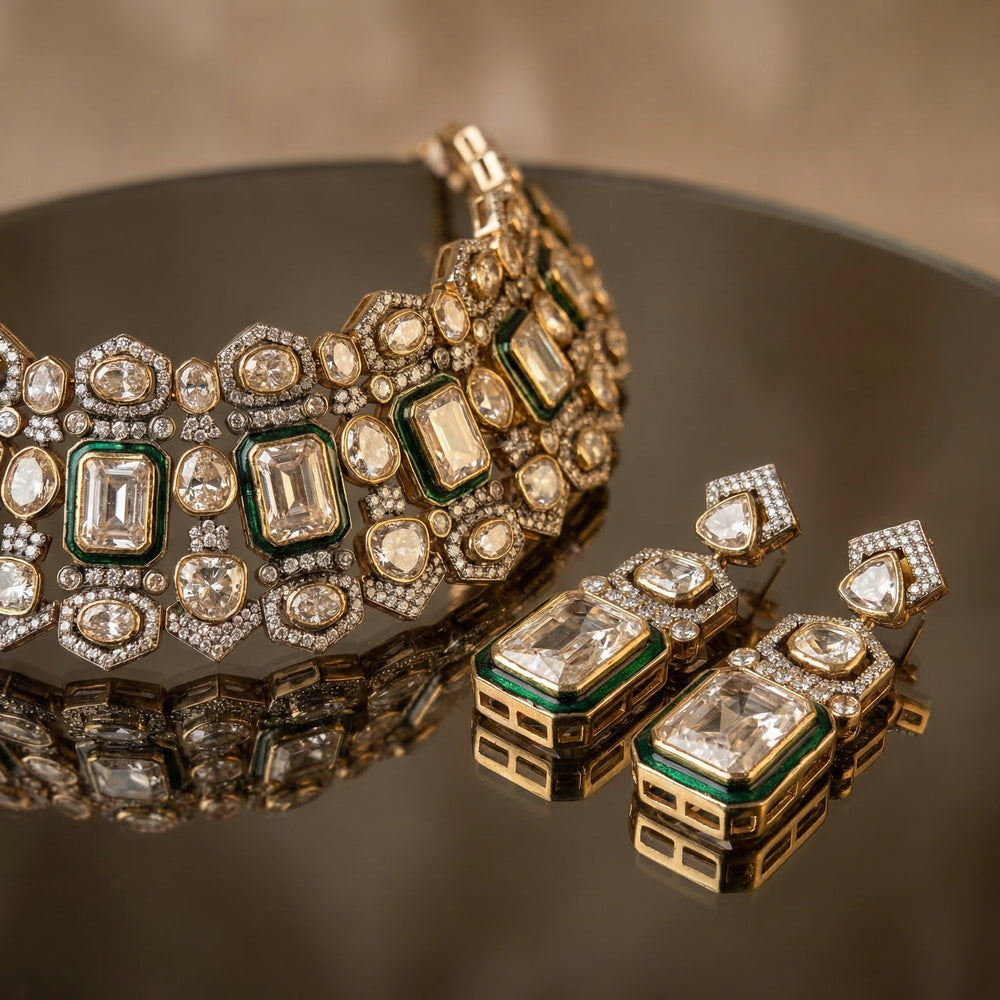 Zafreen – emerald kundan collar set by Ozel