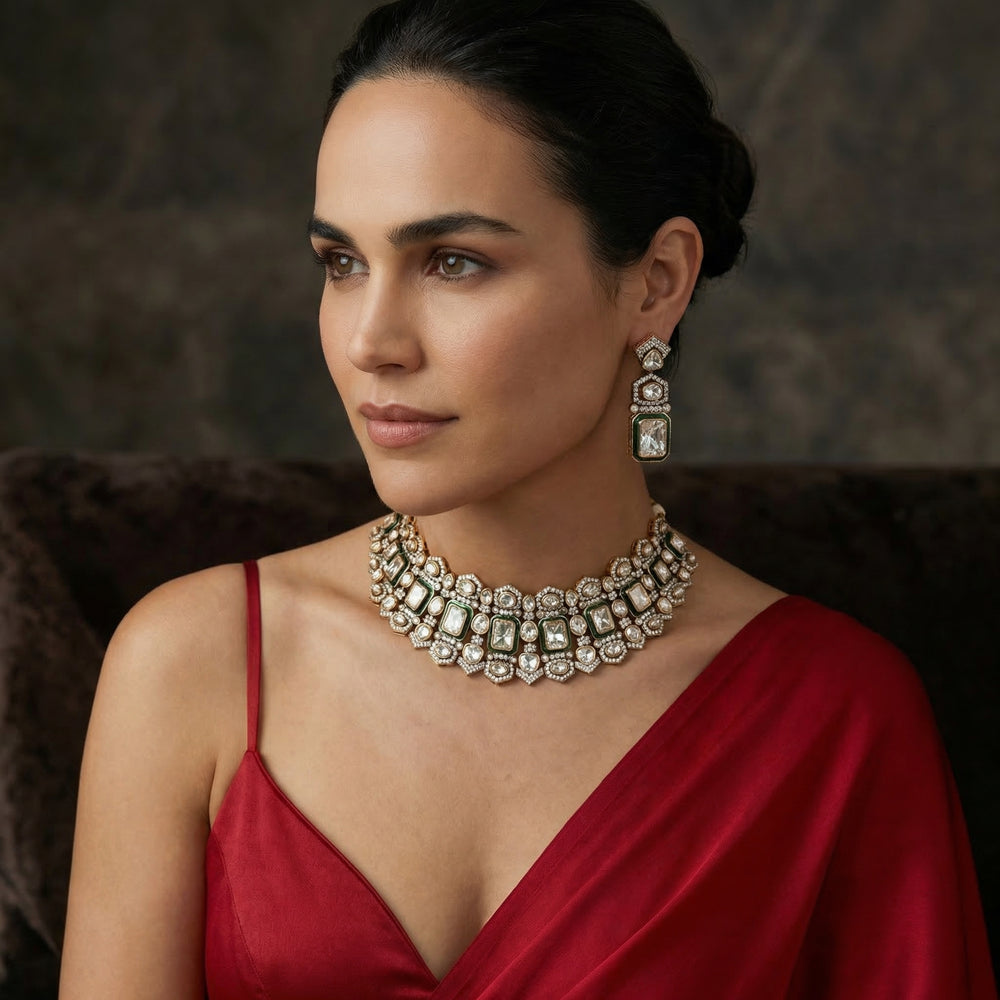 Zafreen – emerald kundan collar set by Ozel
