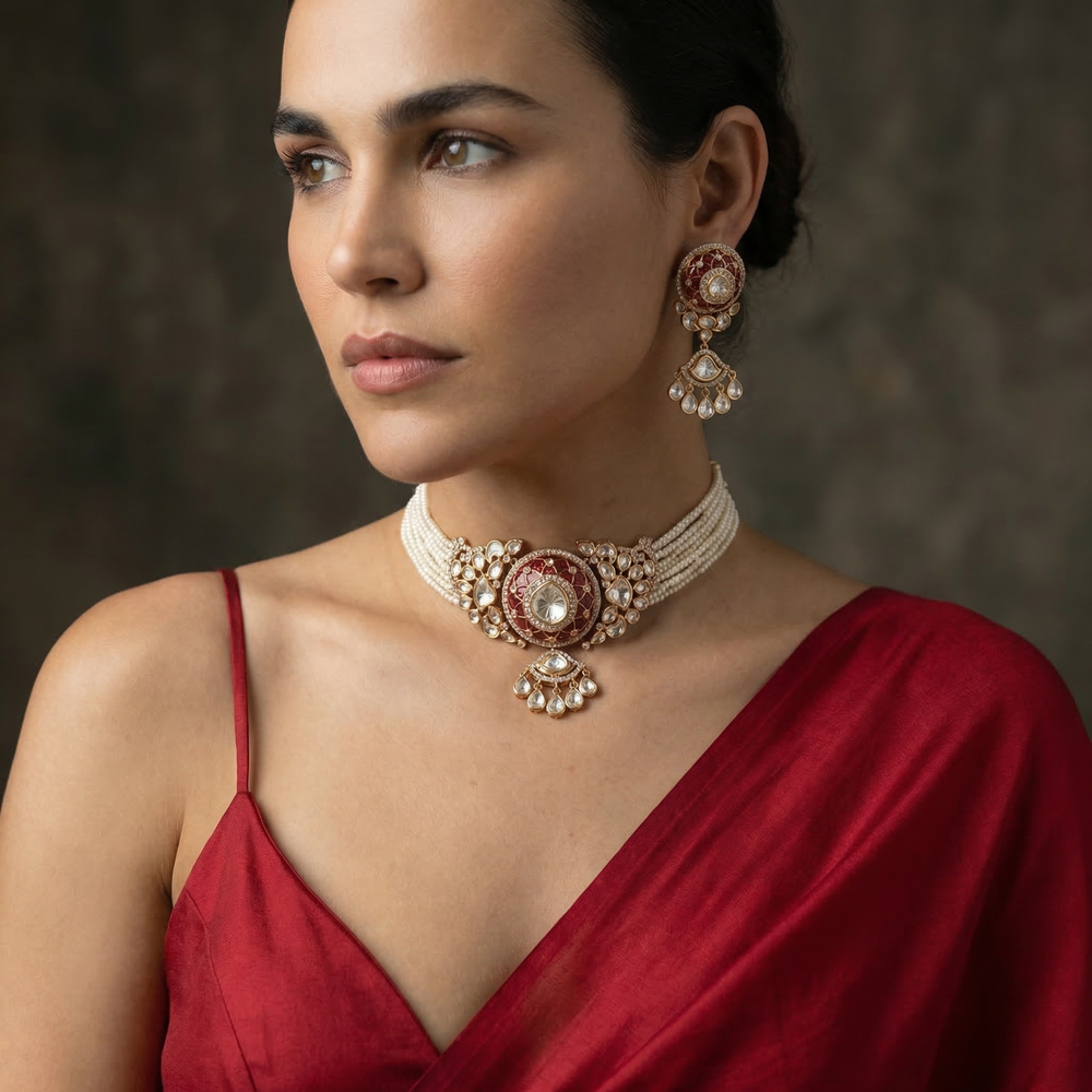 Vayana Polki Pearl Choker Set – ornate polki pearl set by Ozel