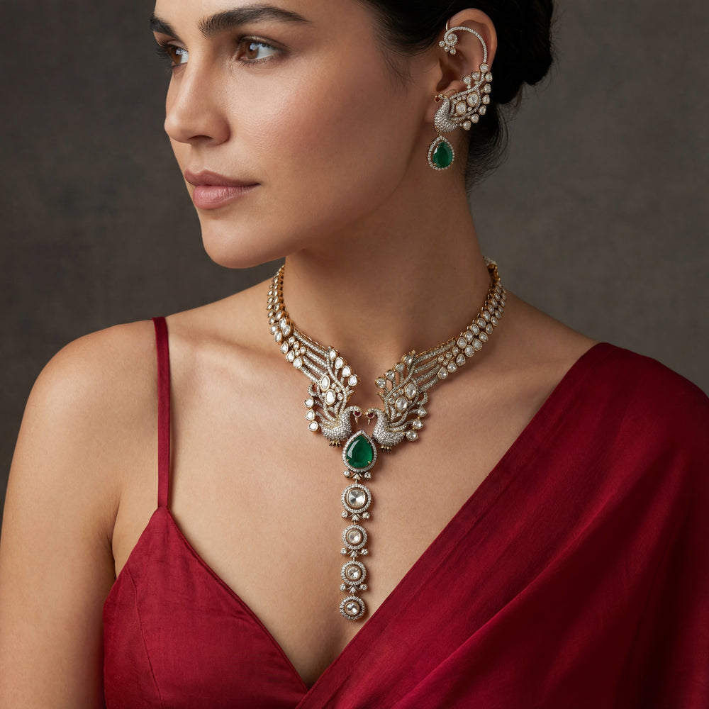 Pavlin statement necklace and ear cuffs set – handcrafted Indian peacock jewelry by Ozel