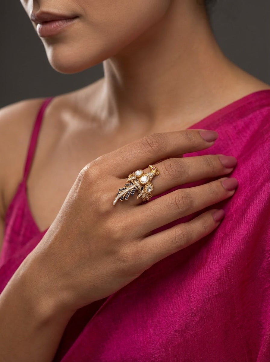 Peacock whisper ring – artisanal Indian jewelry by Ozel