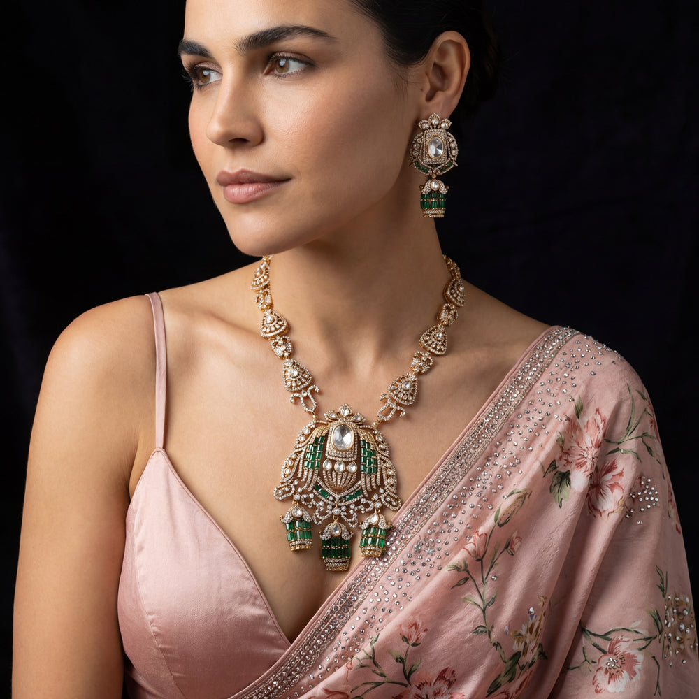 Rajvansh Emerald Polki Statement Set – handcrafted polki jewelry by Ozel
