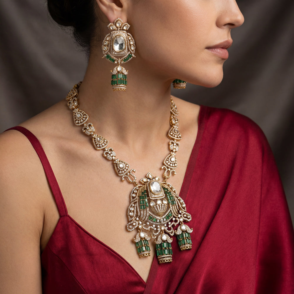 Rajvansh Emerald Polki Statement Set with uncut diamonds and vivid emerald stones by Ozel