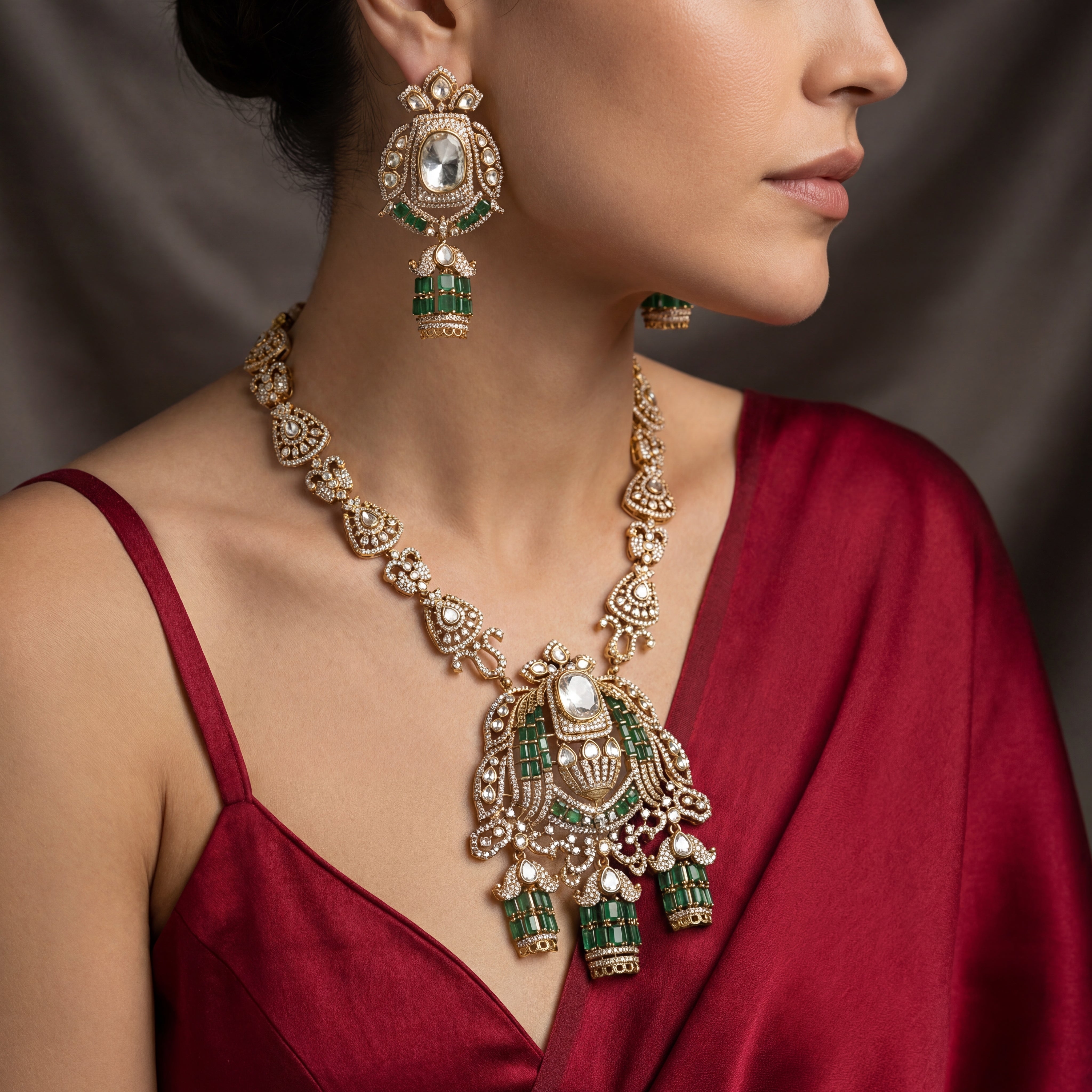 Rajvansh Emerald Polki Statement Set