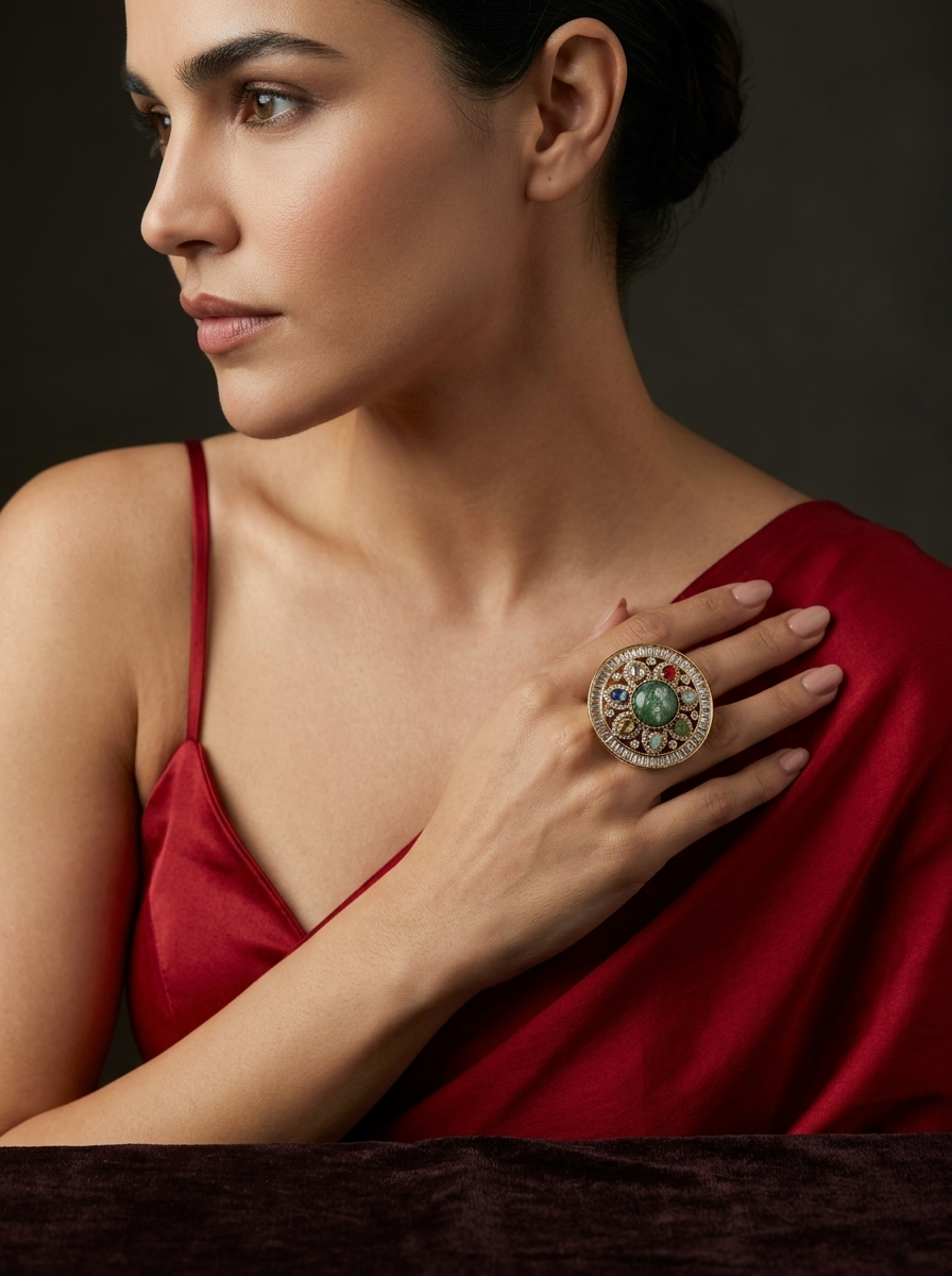 Navira Celestial Medallion Ring with cosmic etched medallion in heritage gold by Ozel