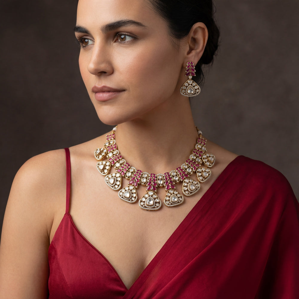 Rivara ruby and kundan necklace set with matching earrings — bridal jewellery by Ozel