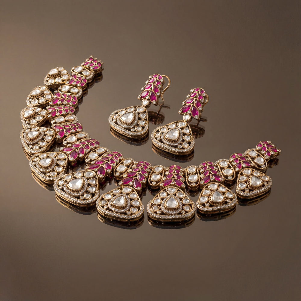 Rivara ruby necklace set – kundan and pearl detail by Ozel