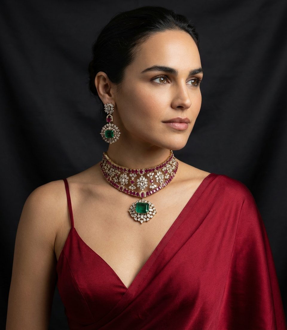 Ruby and emerald floral polki necklace set – stone detail close-up by Ozel