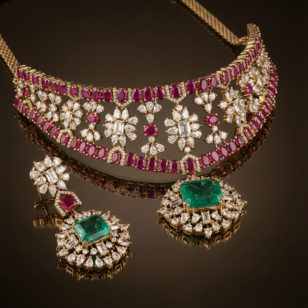 Ruby and emerald floral polki necklace set – full set with earrings by Ozel