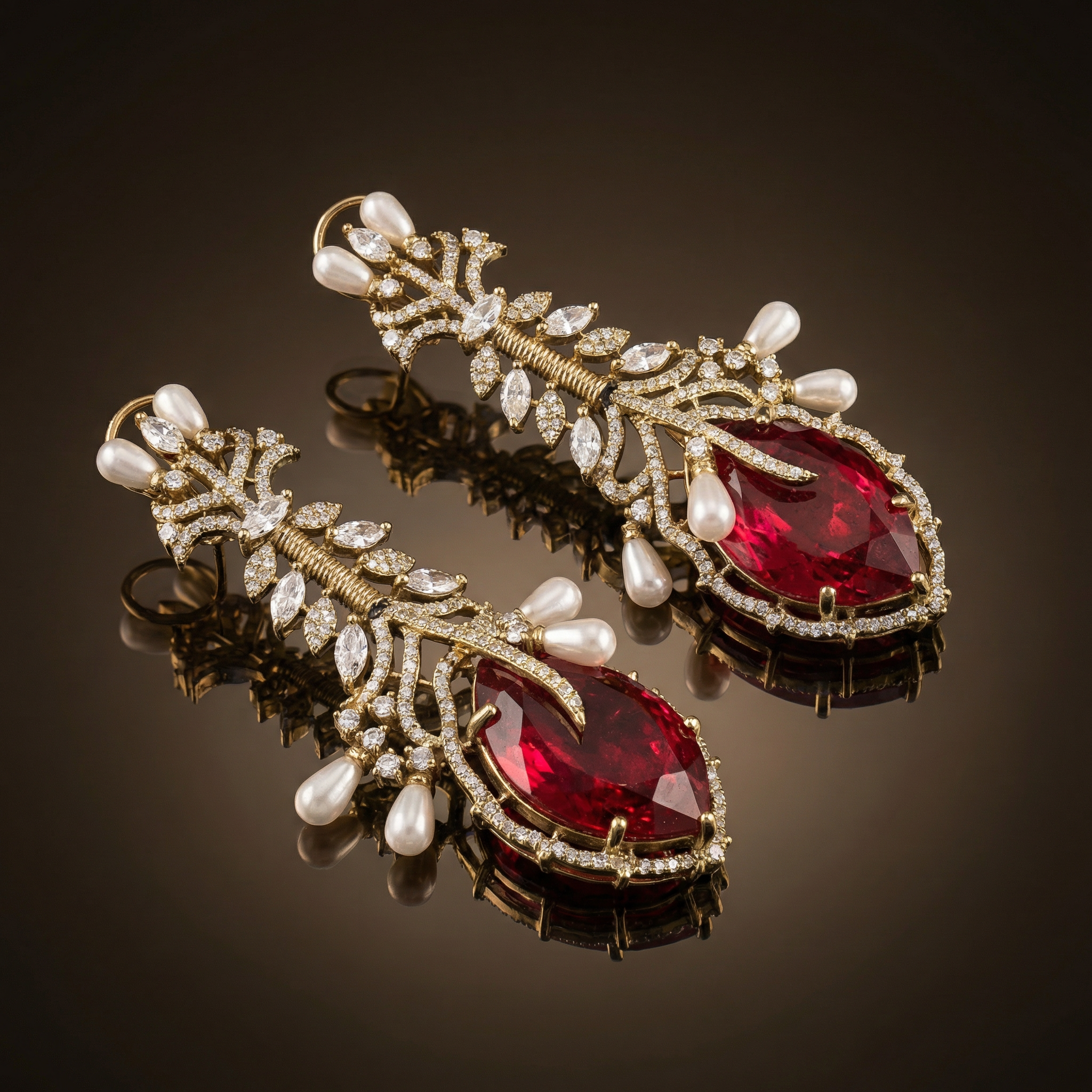 Vine Pearls Ruby Earrings