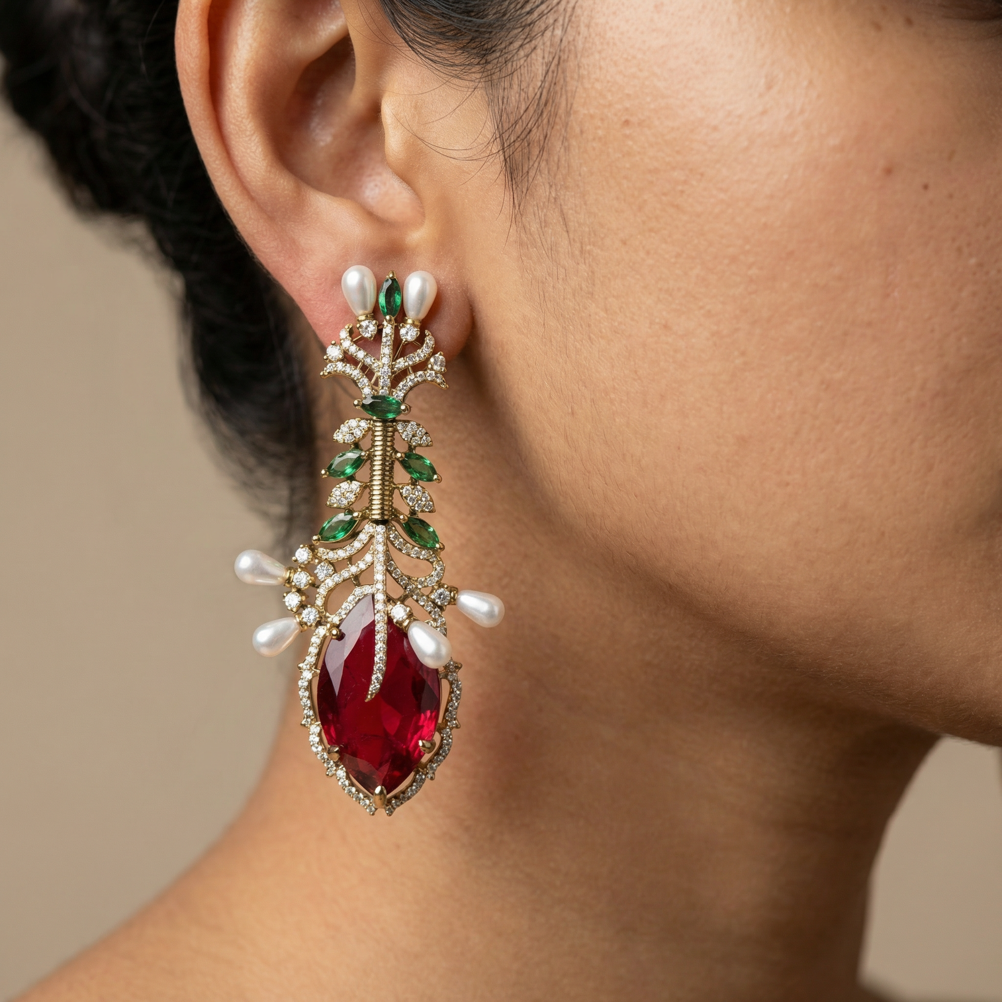 Vine Pearls Ruby Earrings