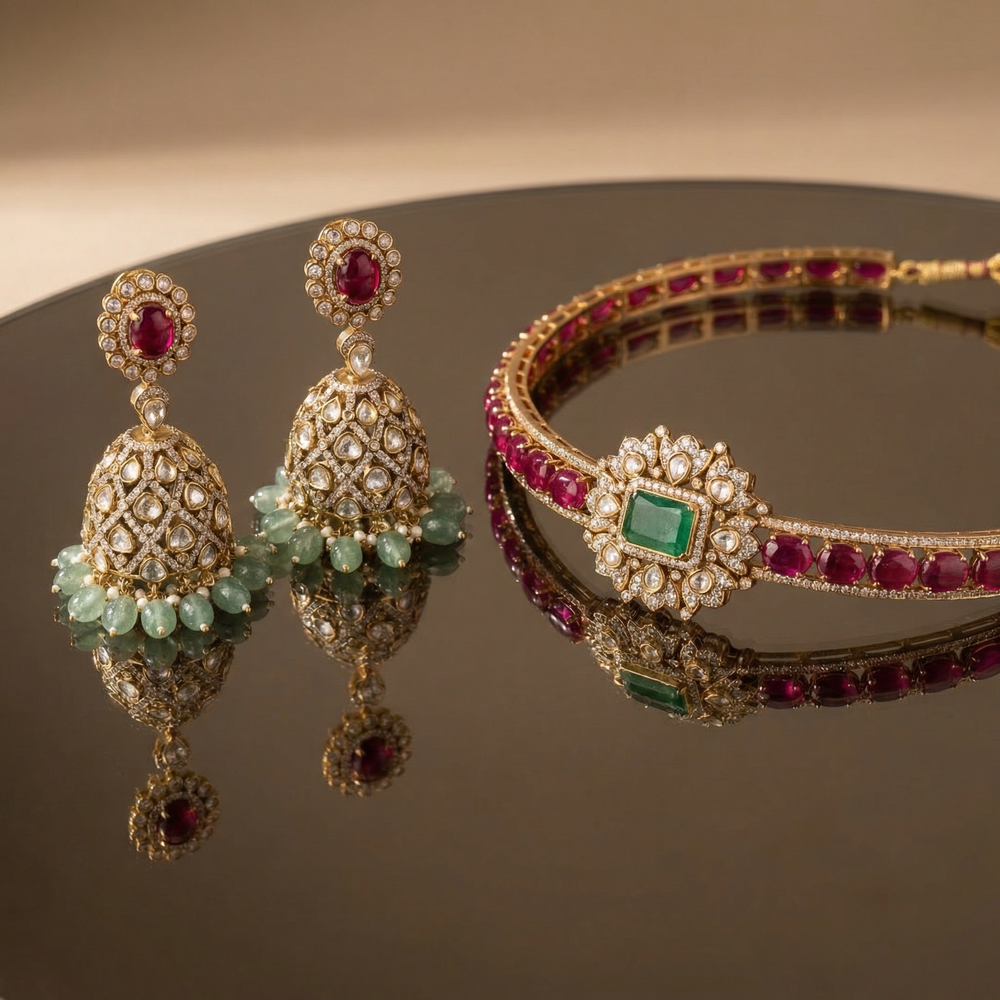 Zarina – emerald ruby jhumka earrings by Ozel