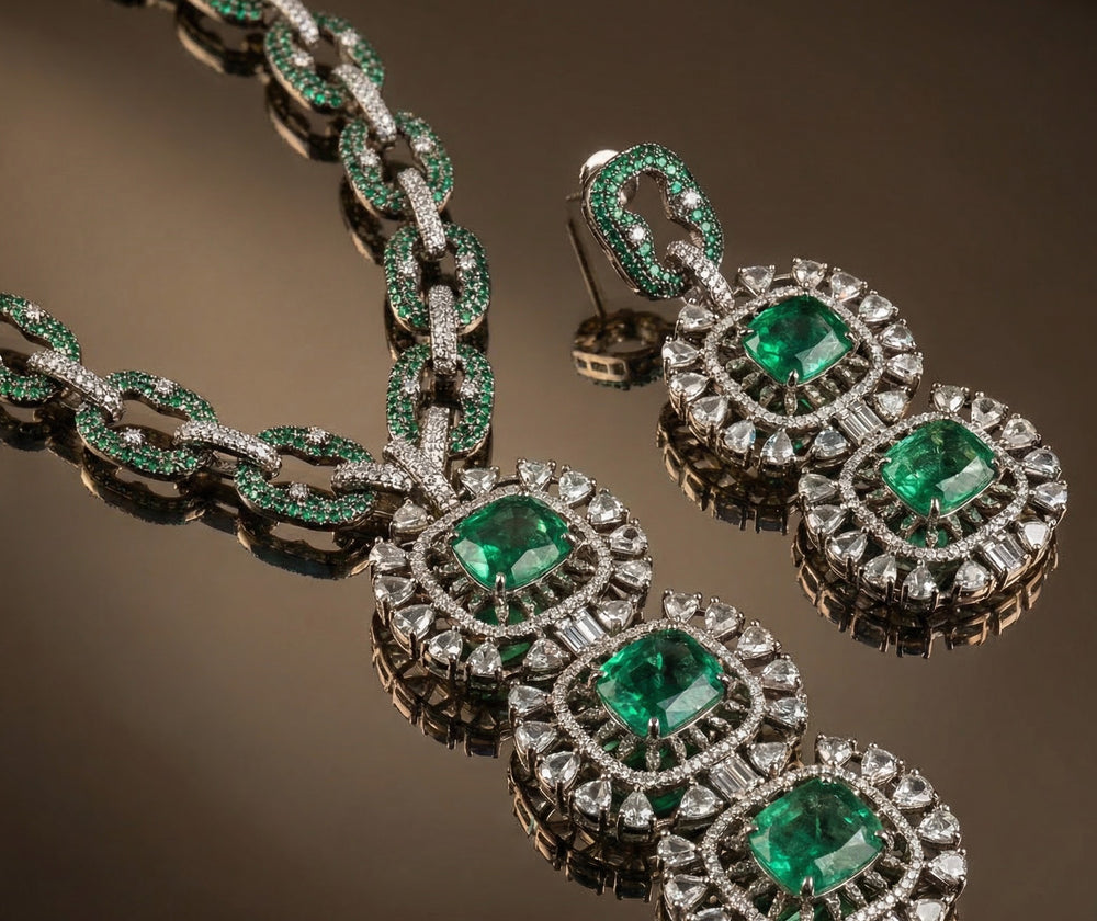 Zavian Emerald Diamond Link Set – grand Indian jewelry set by Ozel