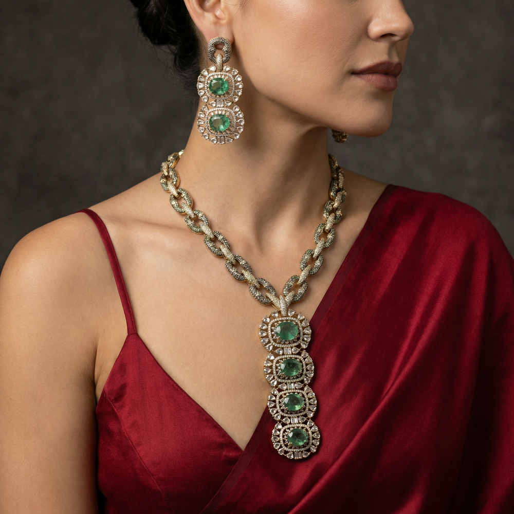 Zavian Emerald Diamond Link Set – artisan Indian bridal jewelry by Ozel