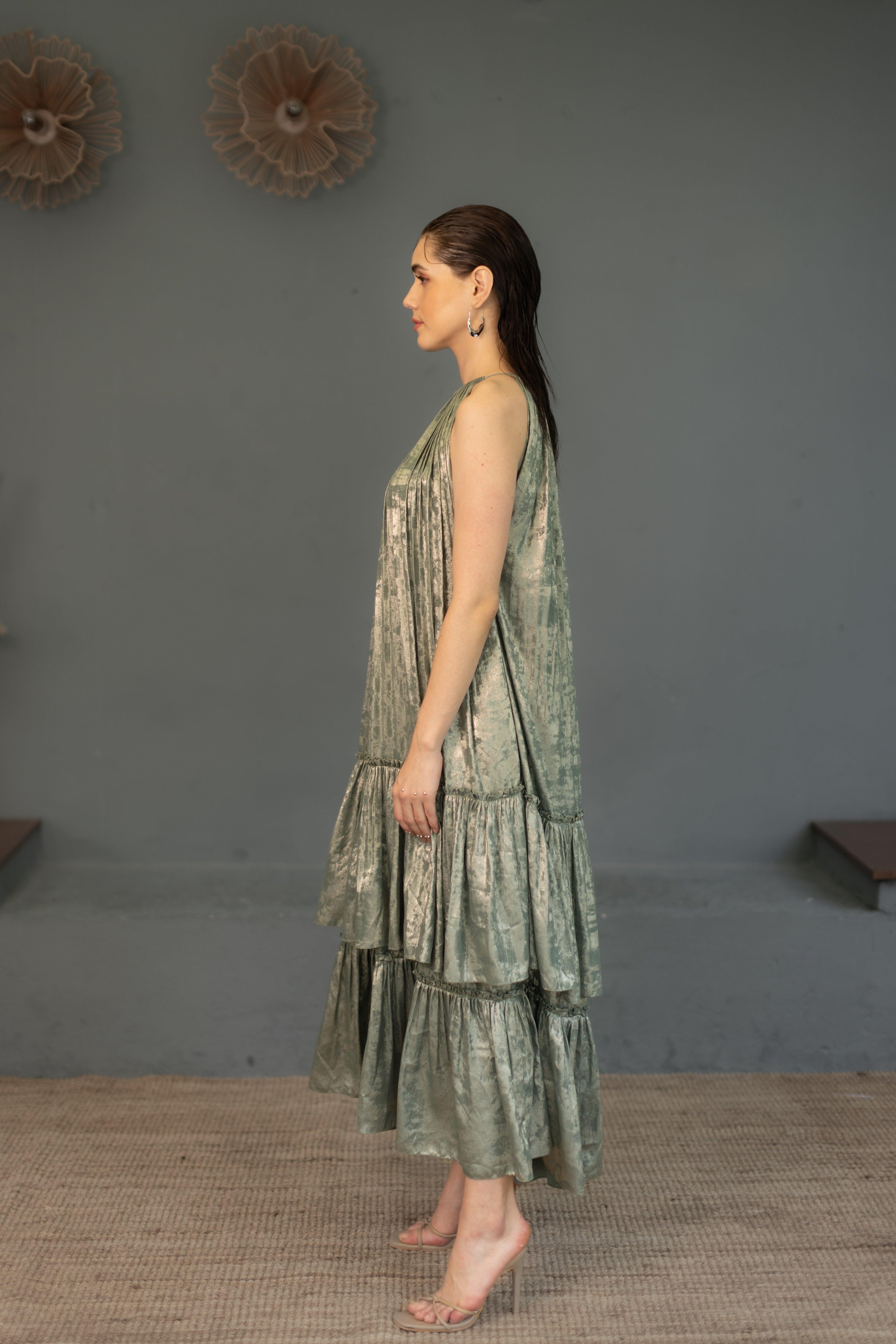 Sophie Sage Green Shimmer Tiered Dress - Ozel