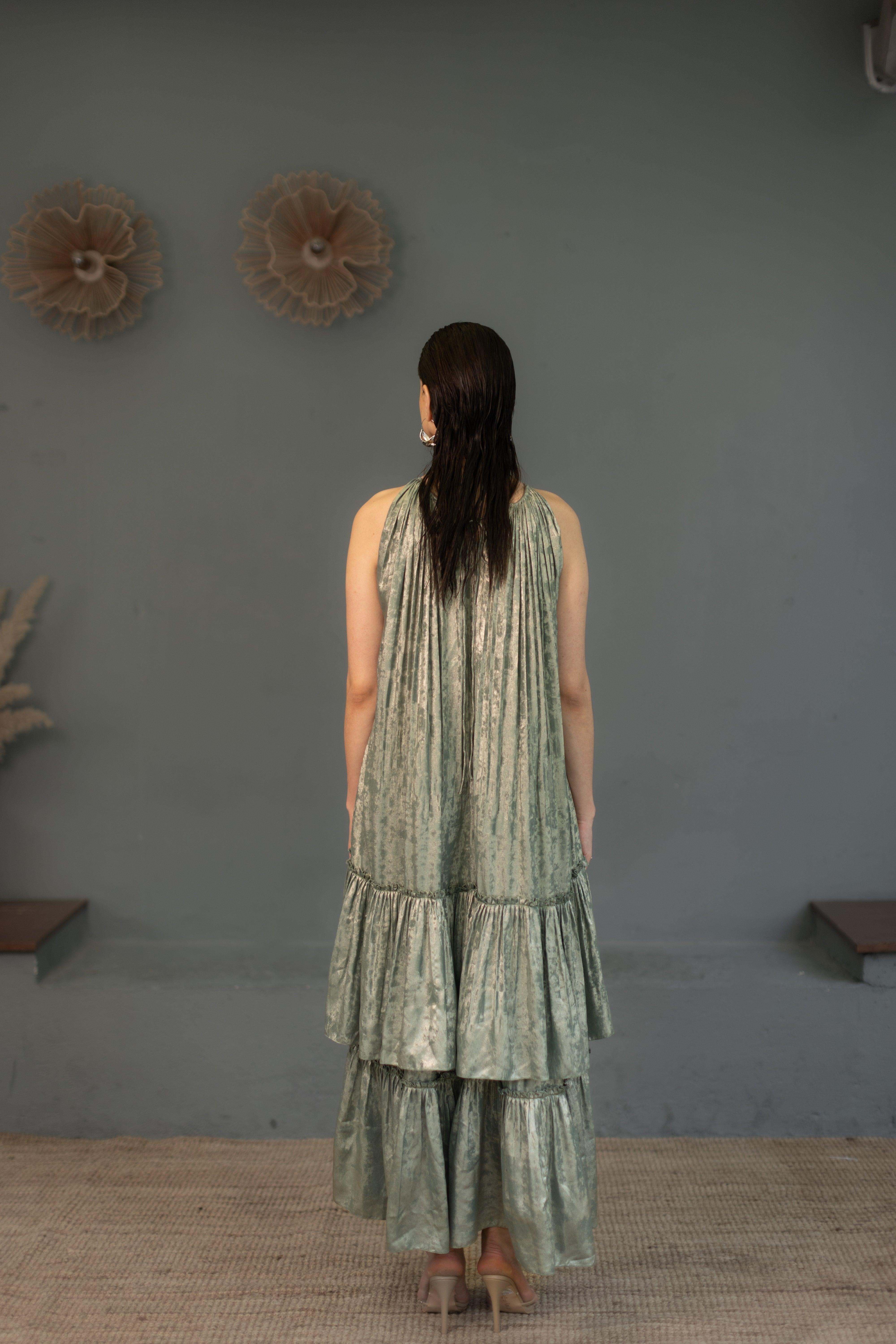 Sophie Sage Green Shimmer Tiered Dress - Ozel