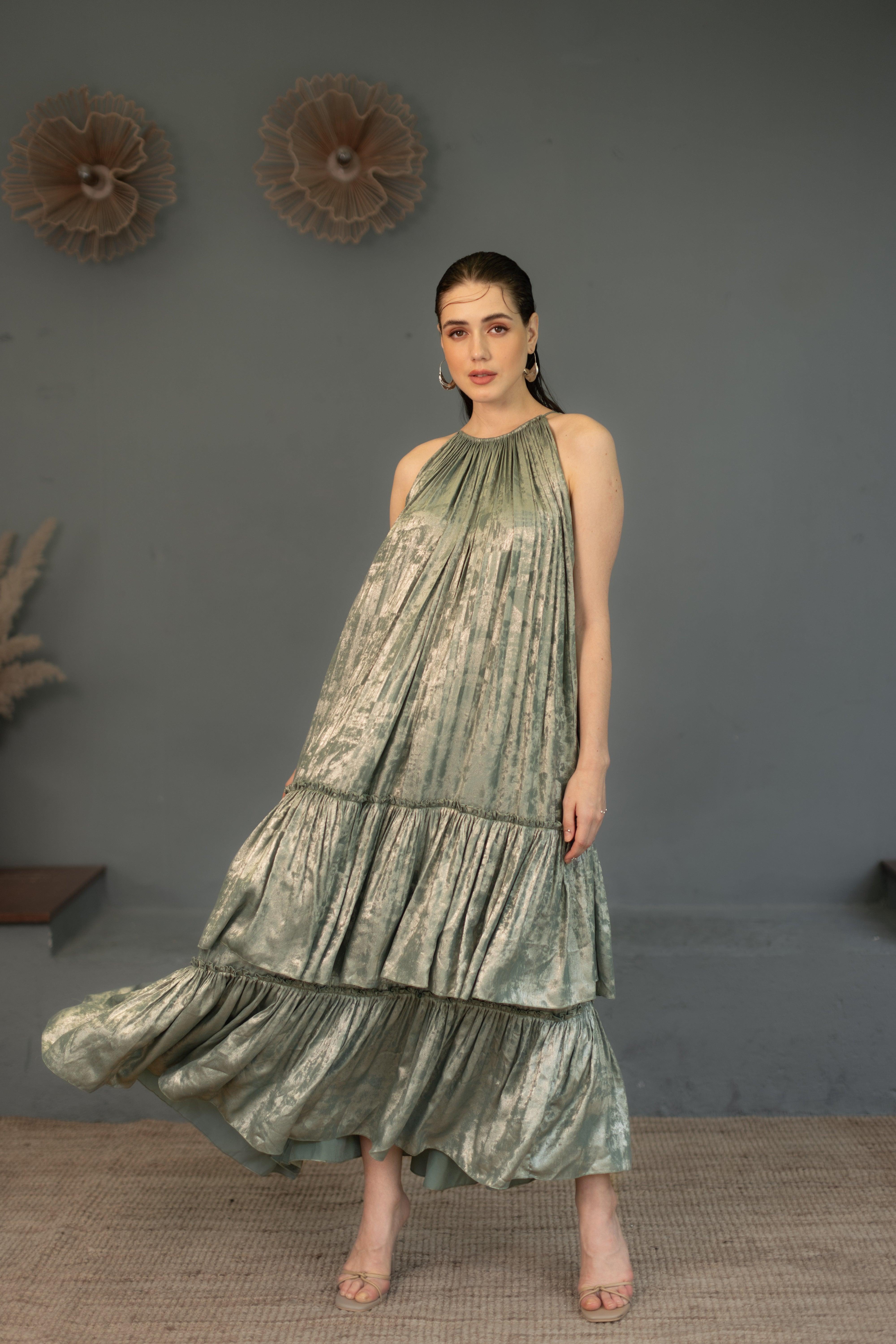 Sophie Sage Green Shimmer Tiered Dress - Ozel