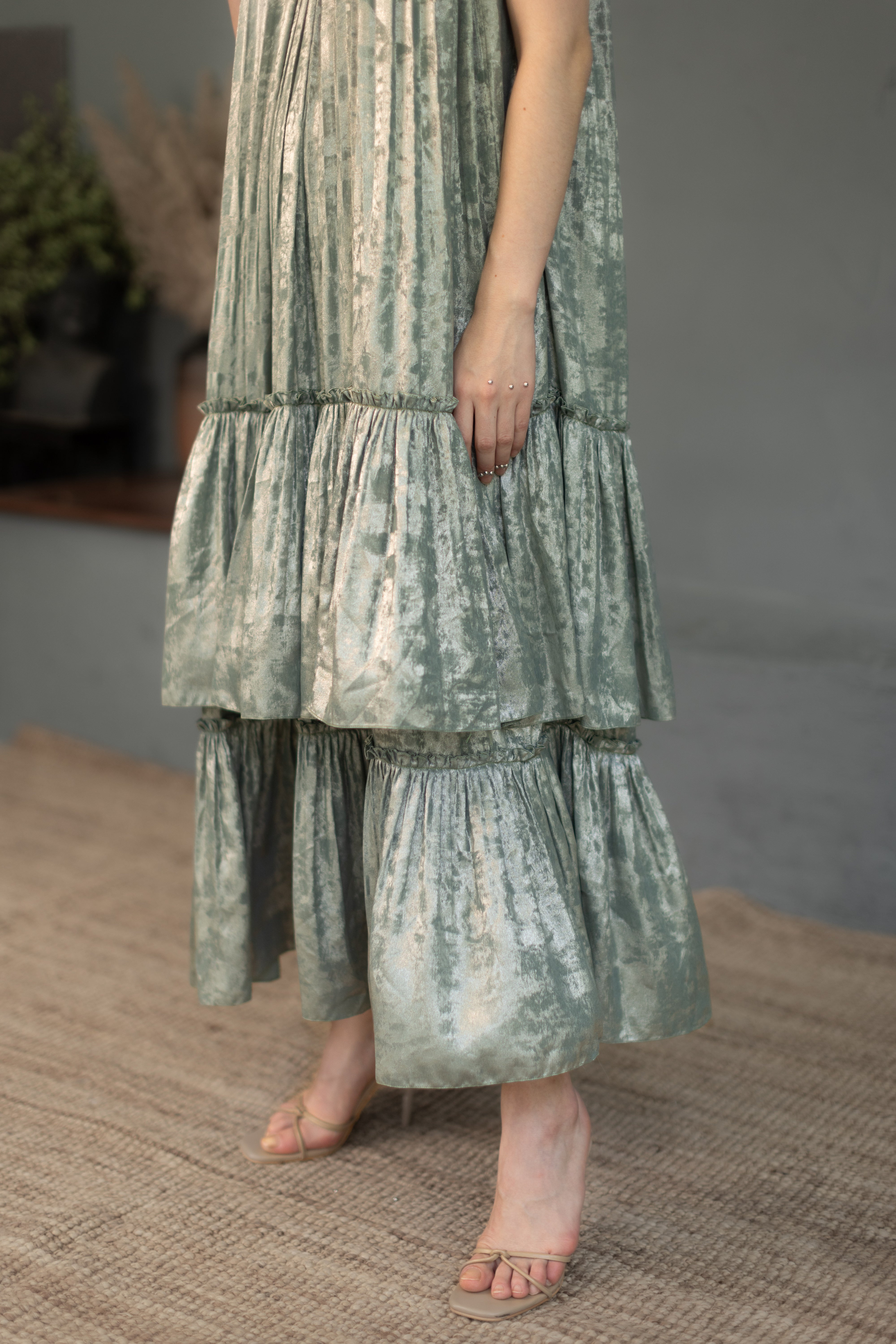 Sophie Sage Green Shimmer Tiered Dress