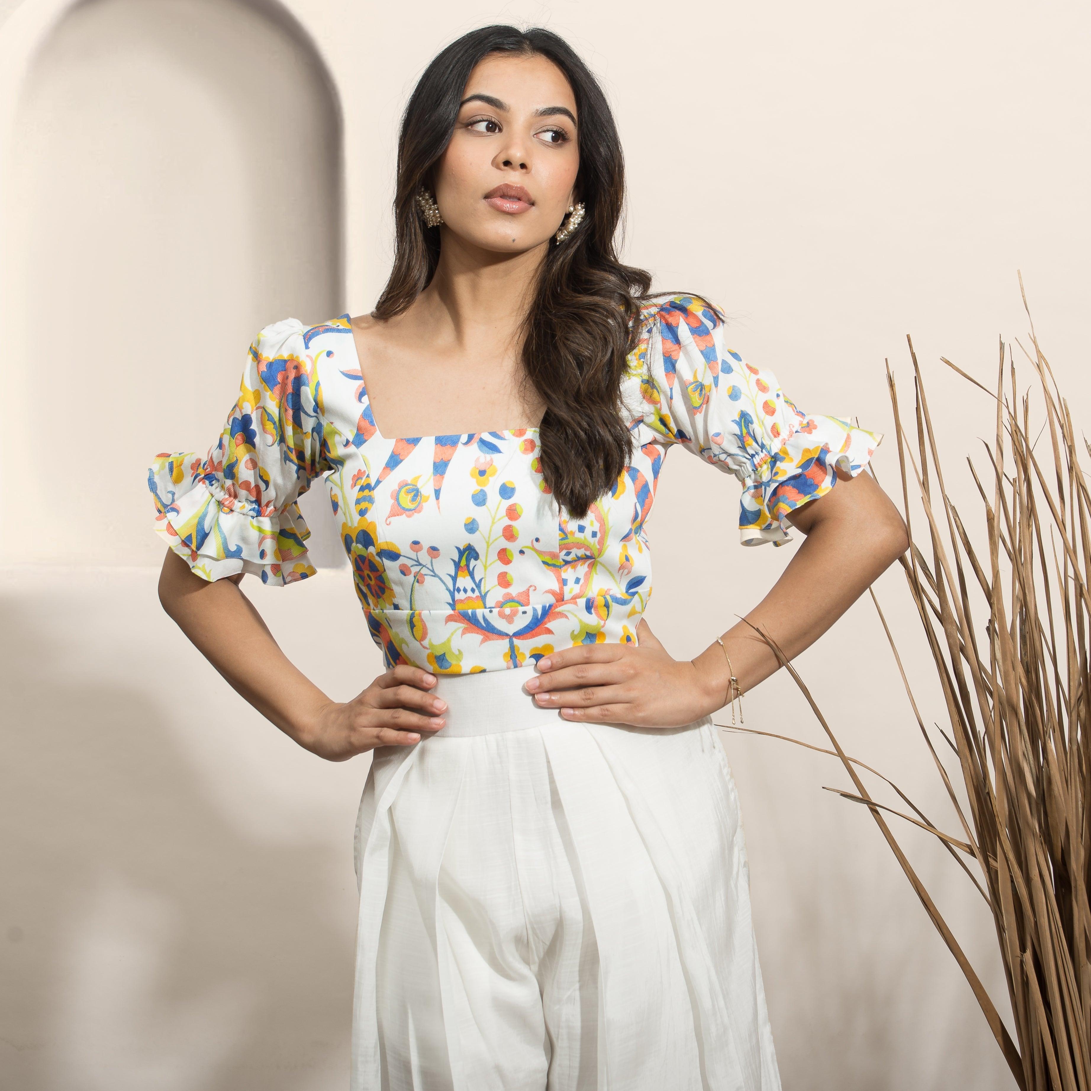 Ivory Flare Pants and Print Top with Sleeves - Ozel