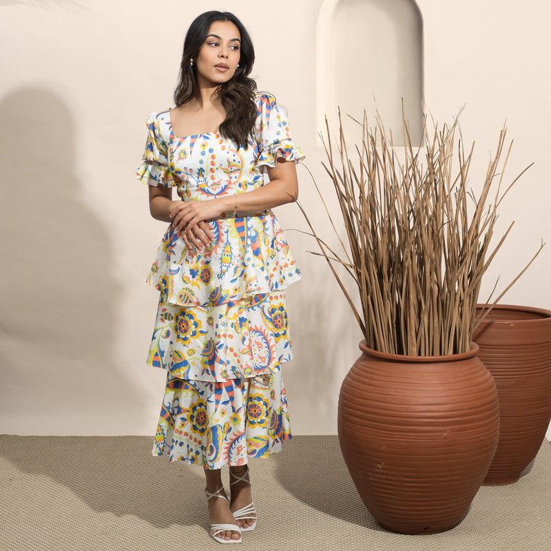 Mon Cheri Printed Skirt and Printed Top with Sleeves