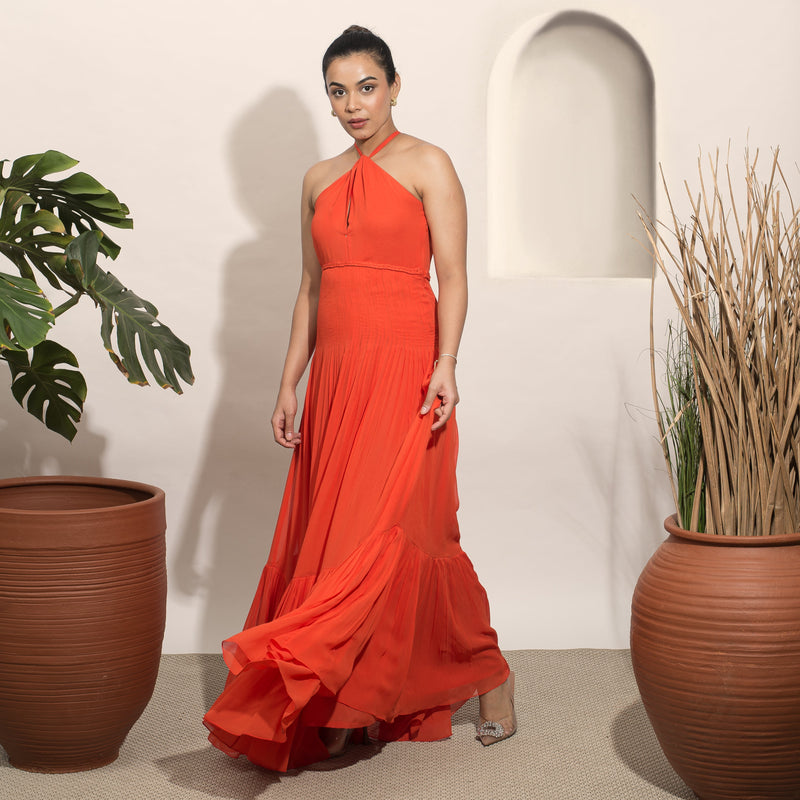 Coco Fiery Orange Halter Gown