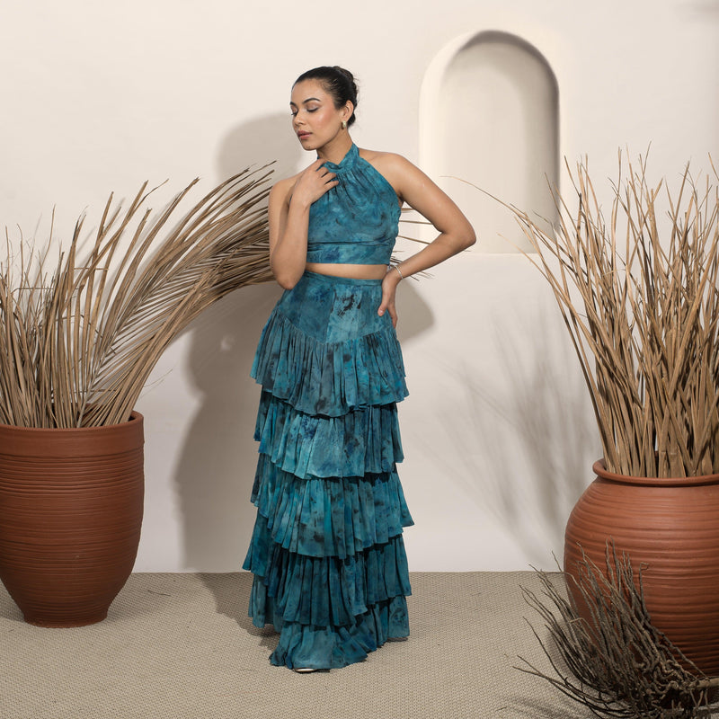 Starry Night Marbled Tiered Corset Skirt and Halter Top Set