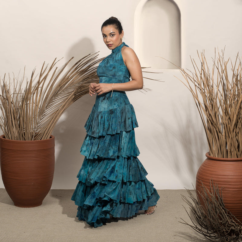 Starry Night Marbled Tiered Corset Skirt and Halter Top Set