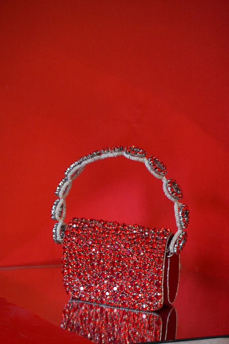 Colored Rhinestones Mini Flap Bag with Circle Handle
