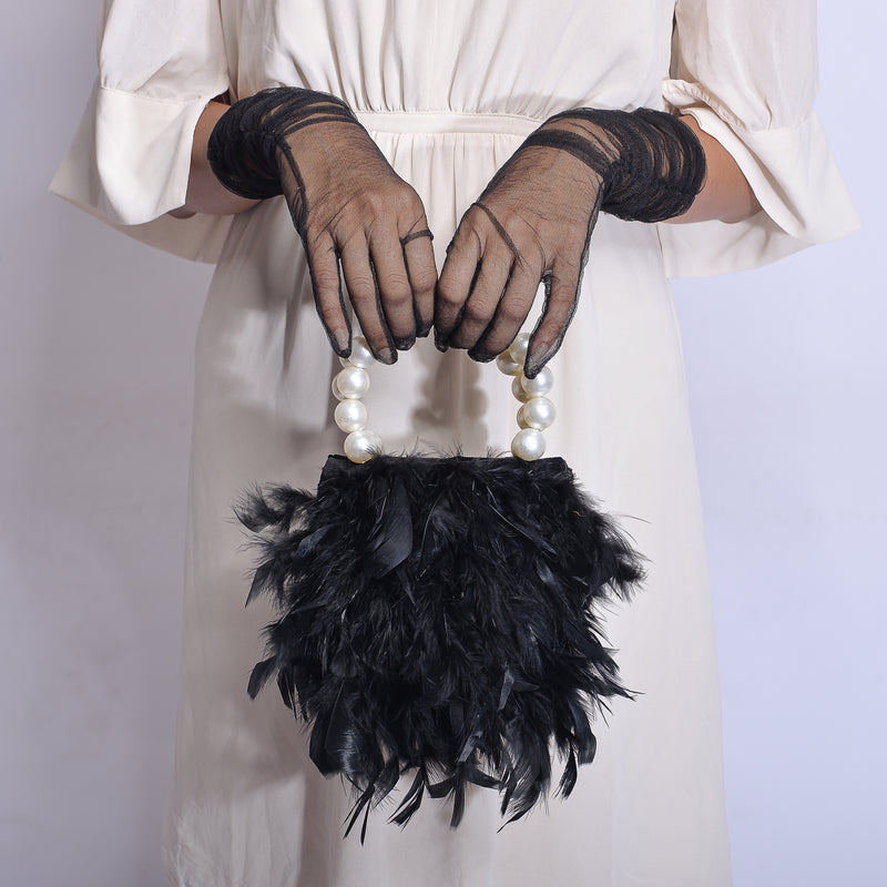 Black Mini Feather Bag with Pearl Handle