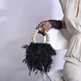 Black Mini Feather Bag with Pearl Handle