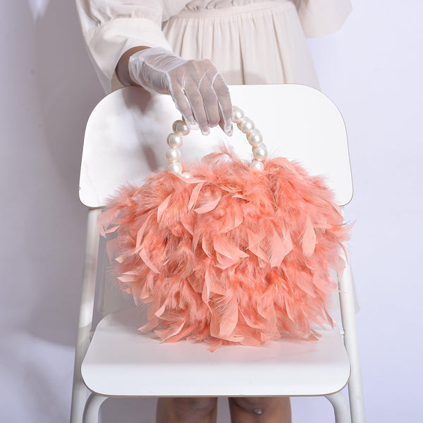 Peach Feather Bag with Pearl Handle