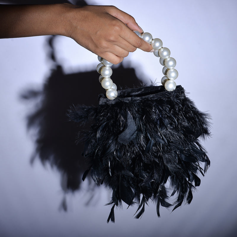 Black Mini Feather Bag with Pearl Handle
