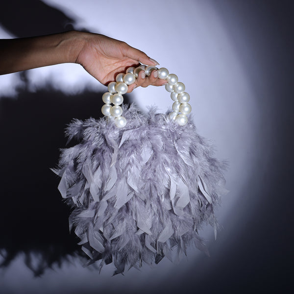 Grey Feather Bag with Pearl Handle