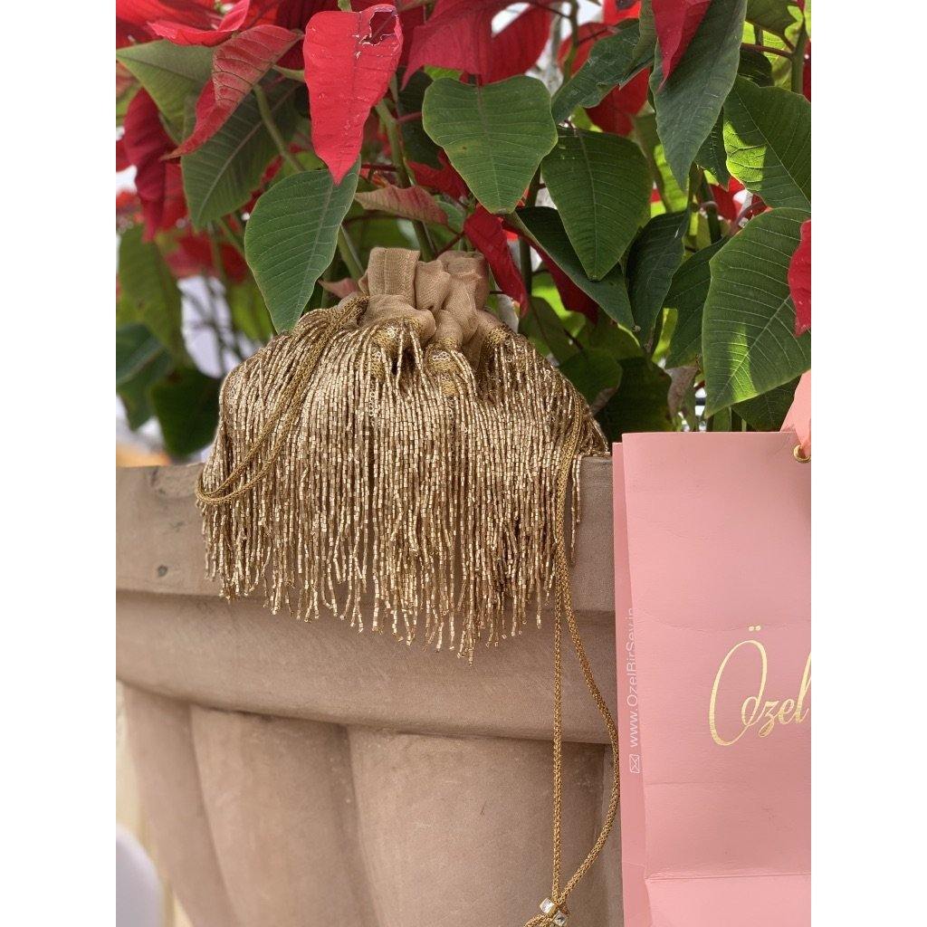 Cleopatra Antique Gold Tassels Potli Bag - Ozel