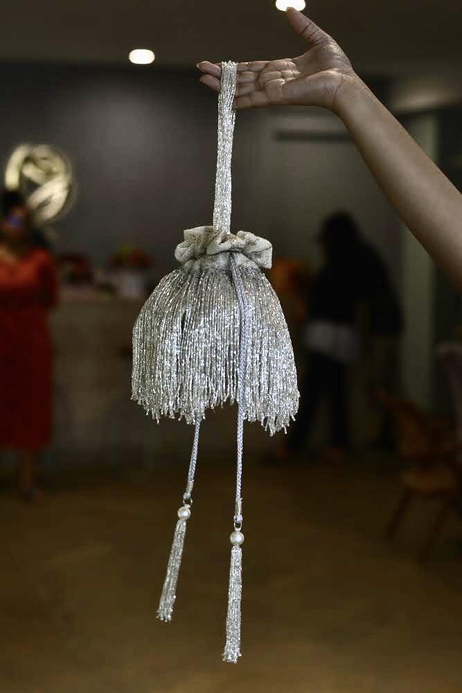 White and Silver Tassels Potli Bag - Ozel