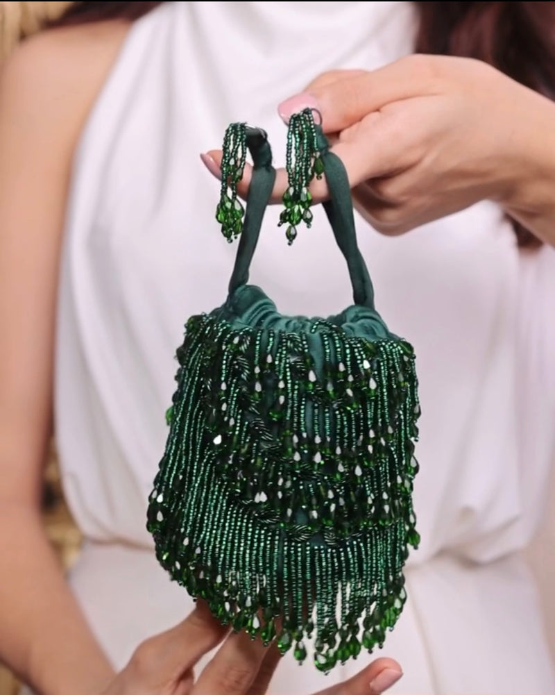 Andromeda Mini Emerald Tassels Bucket Bag