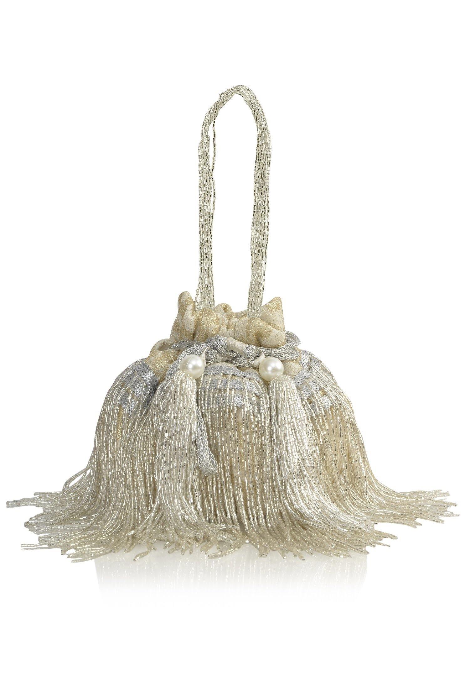 White and Silver Tassels Potli Bag - Ozel